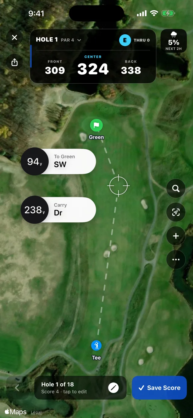 Golf Track live GPS showing yardages, club guidance and rain chance